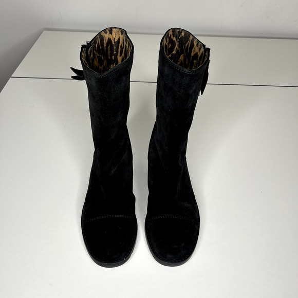 Stuart Weitzman Black Suede Mid-Calf Boots Cheetah Print Round Toe Booties 4 - Picture 2 of 16